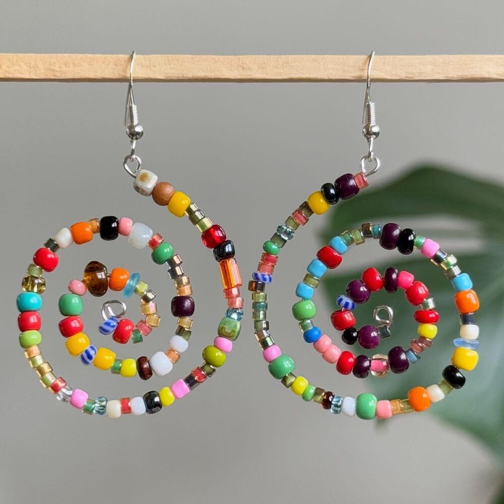 Handmade colorful beaded spiral earrings